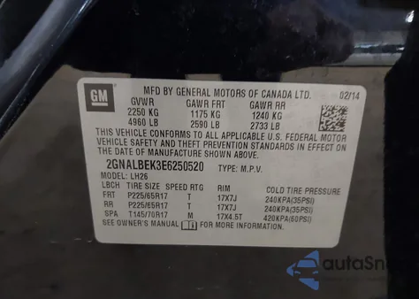 2014 Chevrolet Equinox 1Lt из США, поврежденный, VIN 2GNALBEK3E6250520